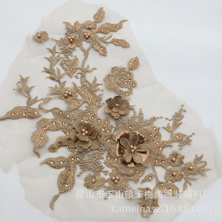 Poliéster bordado de seda macaron negro oro azul con cuentas de diamantes de imitación tridimensional encaje flor pegatinas bordado flor parche