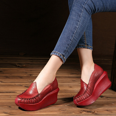 定制加工專拍 新款四季鞋坡跟真皮原創手工田園複古增高鞋單鞋