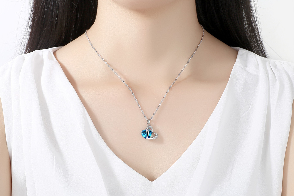 Simple Et Élégant Coeur Bleu Boucle D&#39;oreille Ensemble Zircon Micro Incrusté Double Coeur Collier Court Boucle D&#39;oreille Ensemble En Gros Nihaojewelry display picture 8