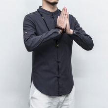 2017春夏新款男士亚麻休闲长袖衬衫 中国风盘扣男士棉麻唐装衬衣