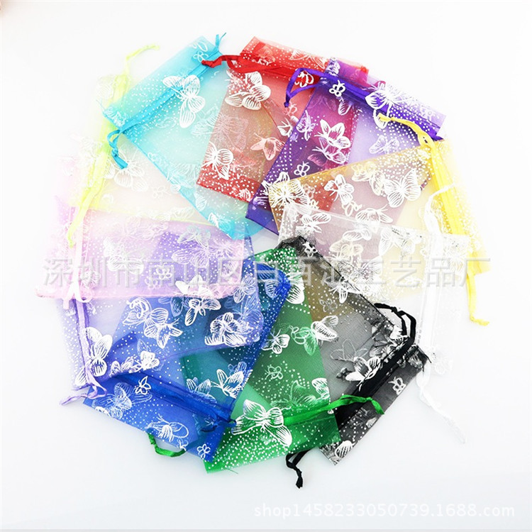 热销爆款9*12烫银蝴蝶束口袋精装喜糖纱袋礼品雪纱袋化妆品