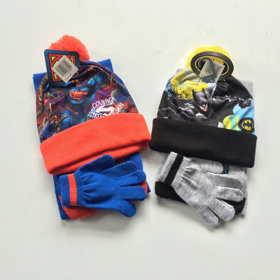 秋冬新款男童卡通针织帽 超人和蝙蝠侠手套围巾帽子三件套|ru