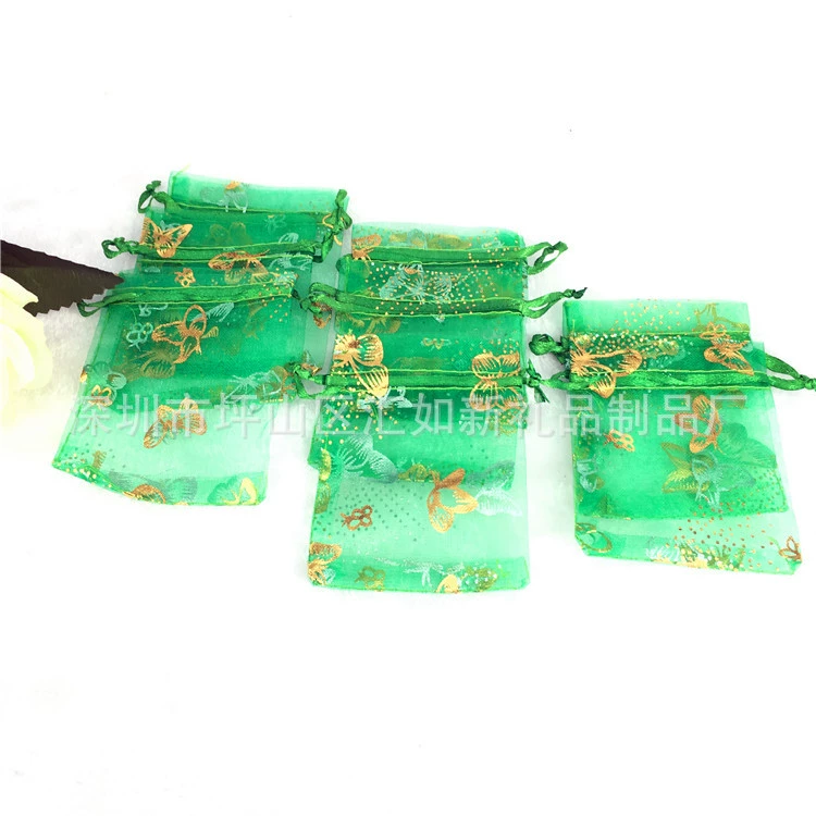 Поставка 7*9 зеленая бабочка, горячая серебряная бронзовая сумка из органзы/снежно-марлевая сетчатая сумка на шнурке/сумка для упаковки ювелирных изделий