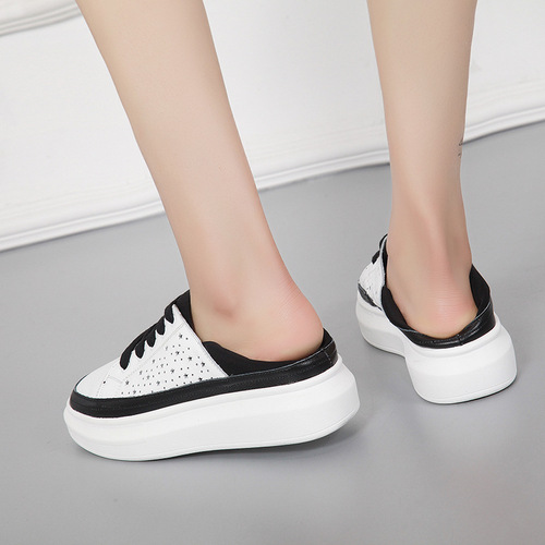 New Genuine Leather Pancake Leisure Shoes Korean Style Low-top Lazy Fashionable Breathable Slip-On Women's White Shoes