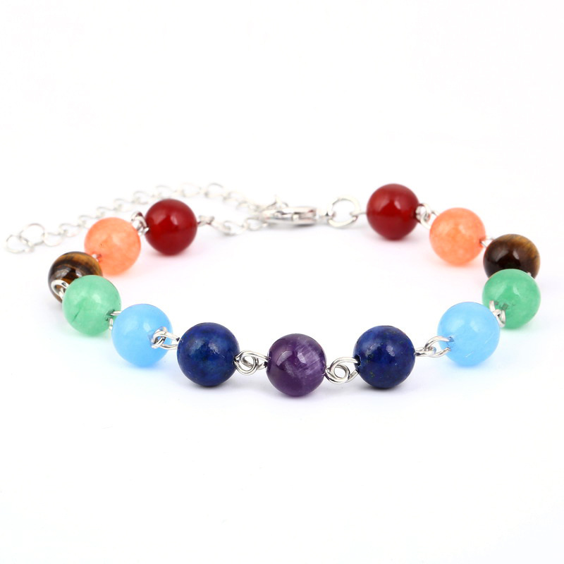 Yoga Seven-Vein Bead Bracelet 8mm Stone Amethyst Wheel Tiger Eye Green Gold Bead Bracelet