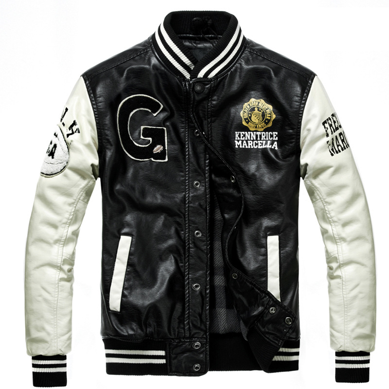 Foreign trade Autumn and winter Easy locomotive leather clothing Embroidered towels printing PU mlb Campus leather jacket coat men's wear