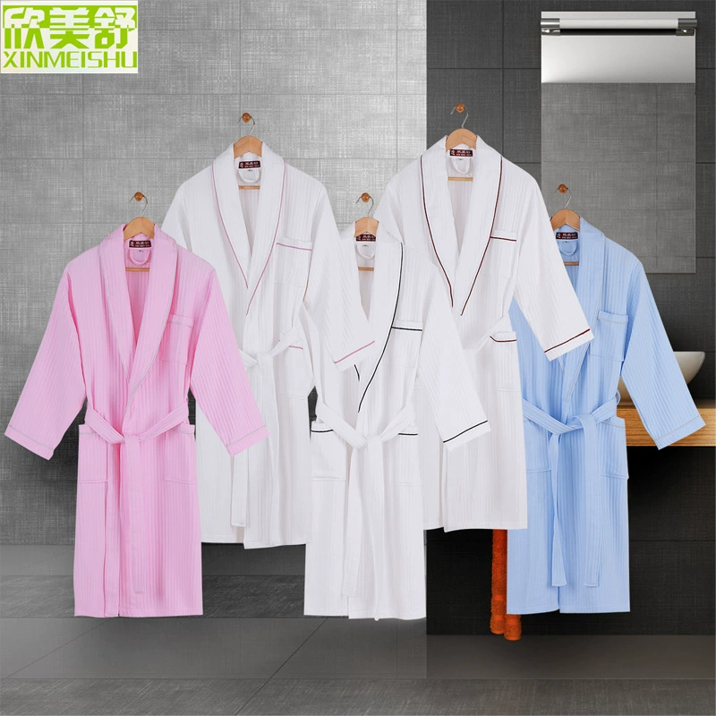 Bathrobe unisex cotton spring thin, lightweight pajama robe with contrast piping