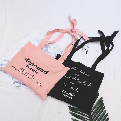 新款chic韩国少女粉depound法文字母系带帆布包女单肩包购物袋|ms