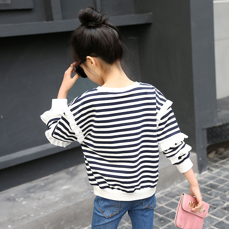 Girls Spring and Autumn 2024 New Round Neck Tops Children's Striped Long Sleeve T-Shirts Korean Style Bottoming Spring Tide for Big Children