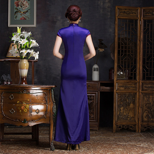 purple elegant single split hollow out long cheongsam female performance shows the etiquette cheongsam chinese dress qipao skirt suit