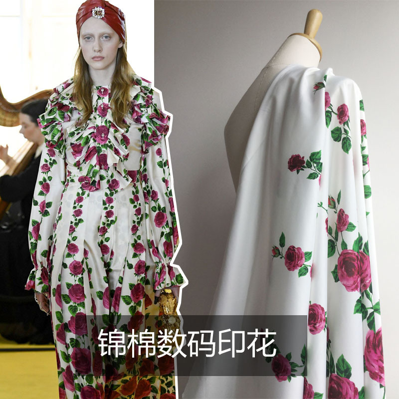 欧美大牌同款花型 G家春夏新款绿叶和花朵图案数码印花时装面料