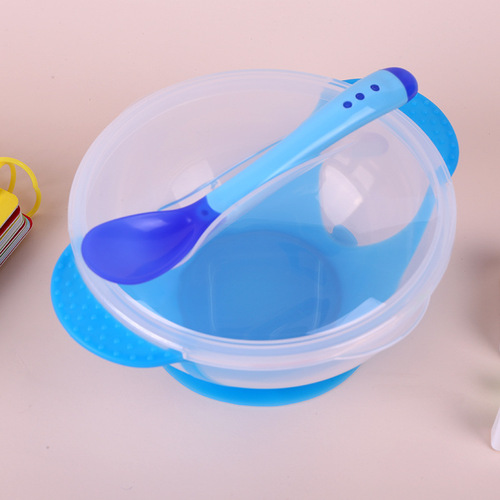2018新款婴儿透明吸盘碗配感温勺宝宝训练碗套装勺子感温变色批发