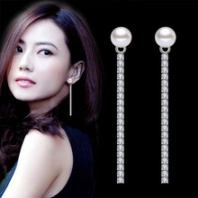 韓國銀耳釘 女珍珠個性流蘇長款鋯石耳環 鋯石水晶后掛式耳墜