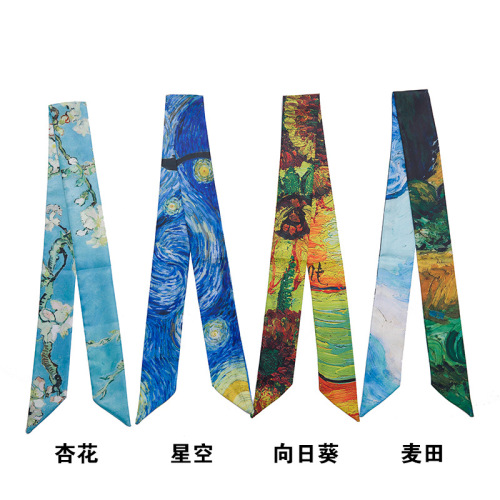 Art Van Gogh Wheat Field Apricot Blossom Starry Sky Oil Painting Slender Narrow Ribbon Tie Bag Handle Silk Scarf Hair Tie