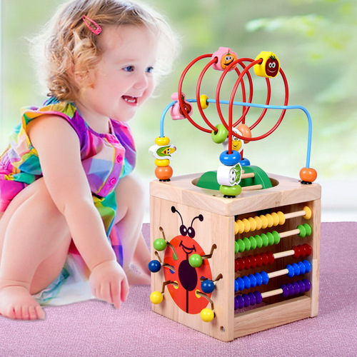 Wooden infant educational early education enlightenment toy new multi-kinetic beetle four-sided large beaded treasure chest wholesale