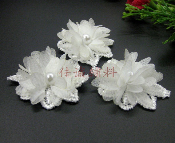 韩版白色立体加珠花朵花边 雪纺水溶胸花DIY鞋花头饰婚纱童装配件