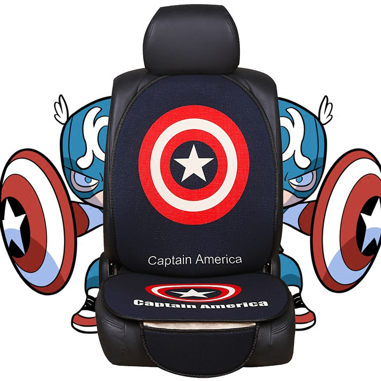 新款四季單片汽車坐墊亞麻卡通三件套免綁坐墊美國隊長超人蝙蝠俠