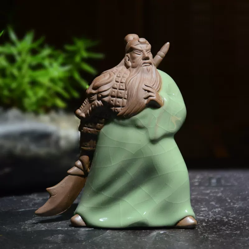 关公单刀赴会 哥窑开片紫砂茶宠摆件 茶具茶道零配关公耍大刀