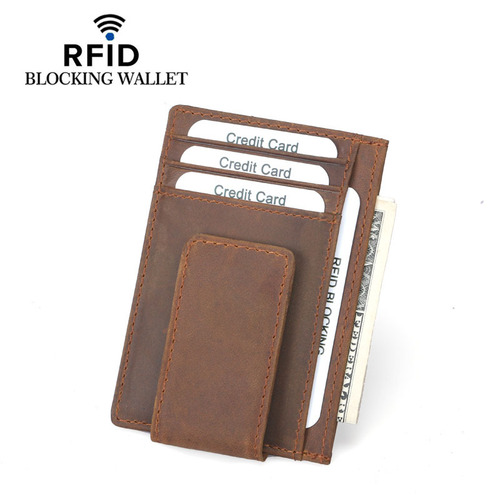 Directly supplied from the manufacturer, a drop-shipping men's first-layer cowhide Crazy Horse pickup bag European and American anti-magnetic dollar clip