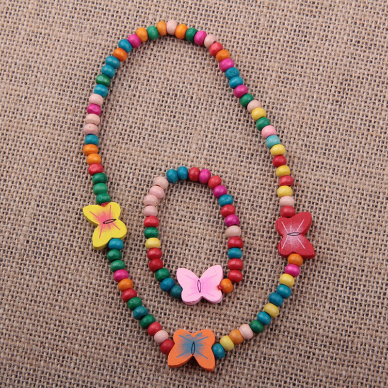 欧美儿童项链套装手工木质串珠蝴蝶项链收儿童饰品厂家直销