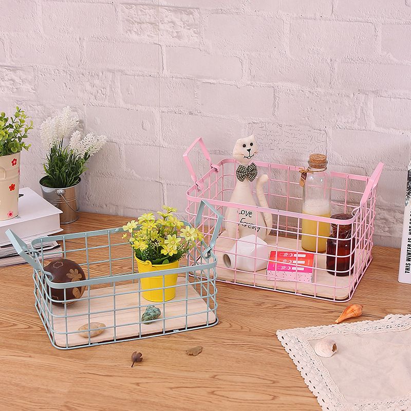 大號鐵藝收納提手籃子複古手工鐵絲置物筐水果蔬菜儲物藍廠家直銷