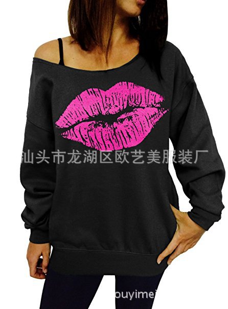 Off Shoulder Long Sleeve Sweatshirt Loose Fit Lip Print Casual Style Womens Top for Everyday Wear Wholesale