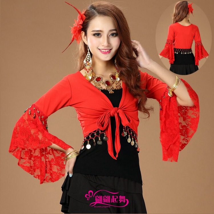 Belly Dance Table Costume Dance Costume New Square Dance Shawl Lace Trumpet Long Sleeve Practice Clothes Top
