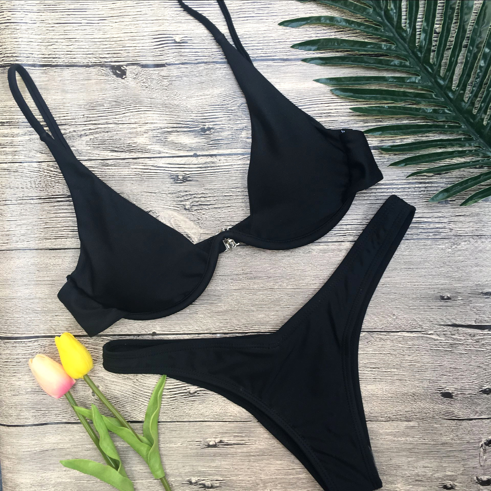 Split Bikini Swimsuit-Black Color