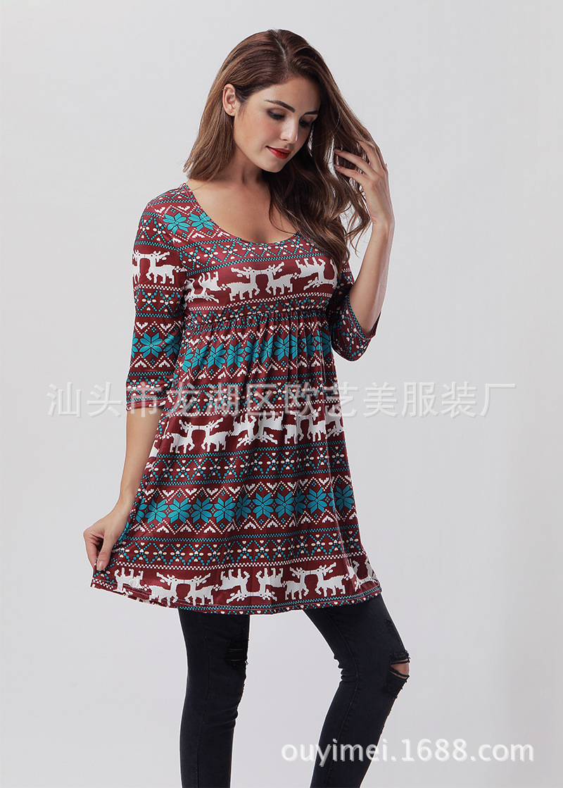Christmas Reindeer Print Dress 3 4 Sleeve A Line Silhouette Comfortable Fabric Casual Holiday Wear Wholesale