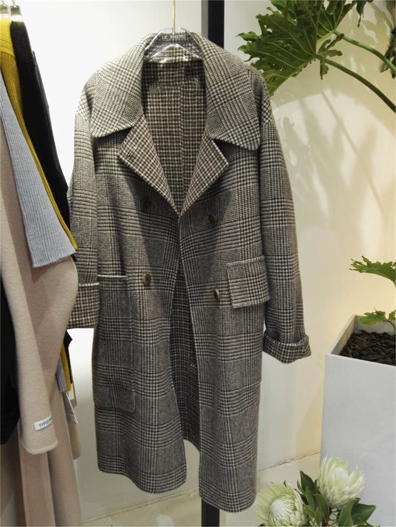 Осенне-зимнее винтажное свободное двустороннее твидовое пальто с лацканами в ломаную клетку, твидовое пальто ручной работы