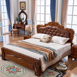 欧式真皮床全实木床高箱床1.5米1.8米实木雕花床卧室家具储物床