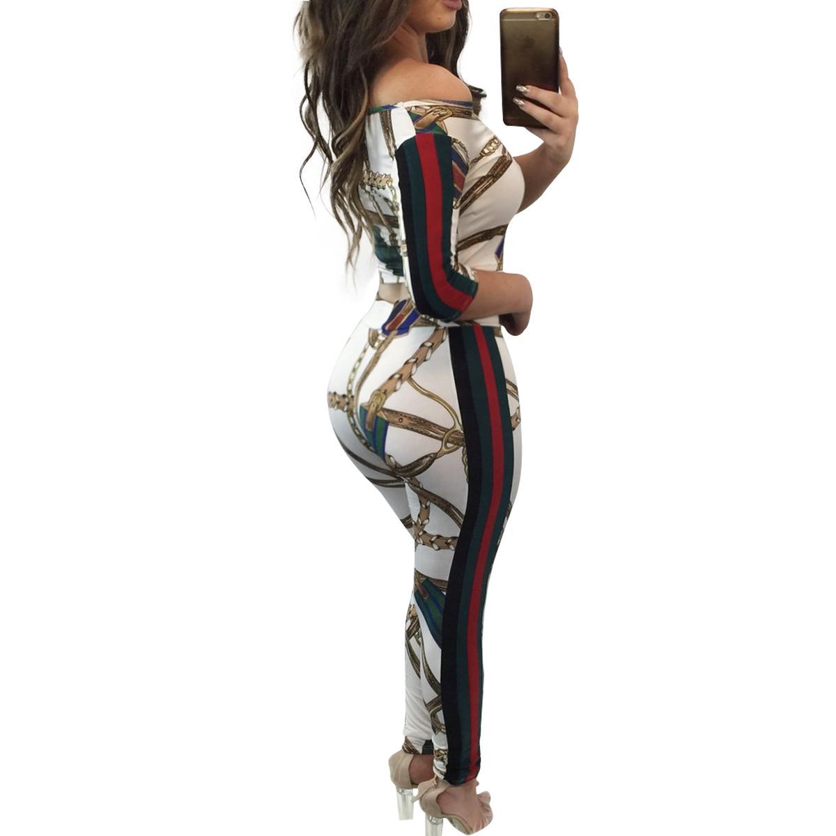 Womens Printed Gold Chain Tracksuits 3/4 Sleeved Crop Top + Slim