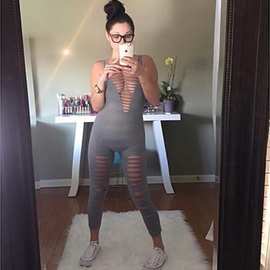 现货B9002 2017夏欧美性感时尚运动风修身纯色烧花九分无袖连体裤