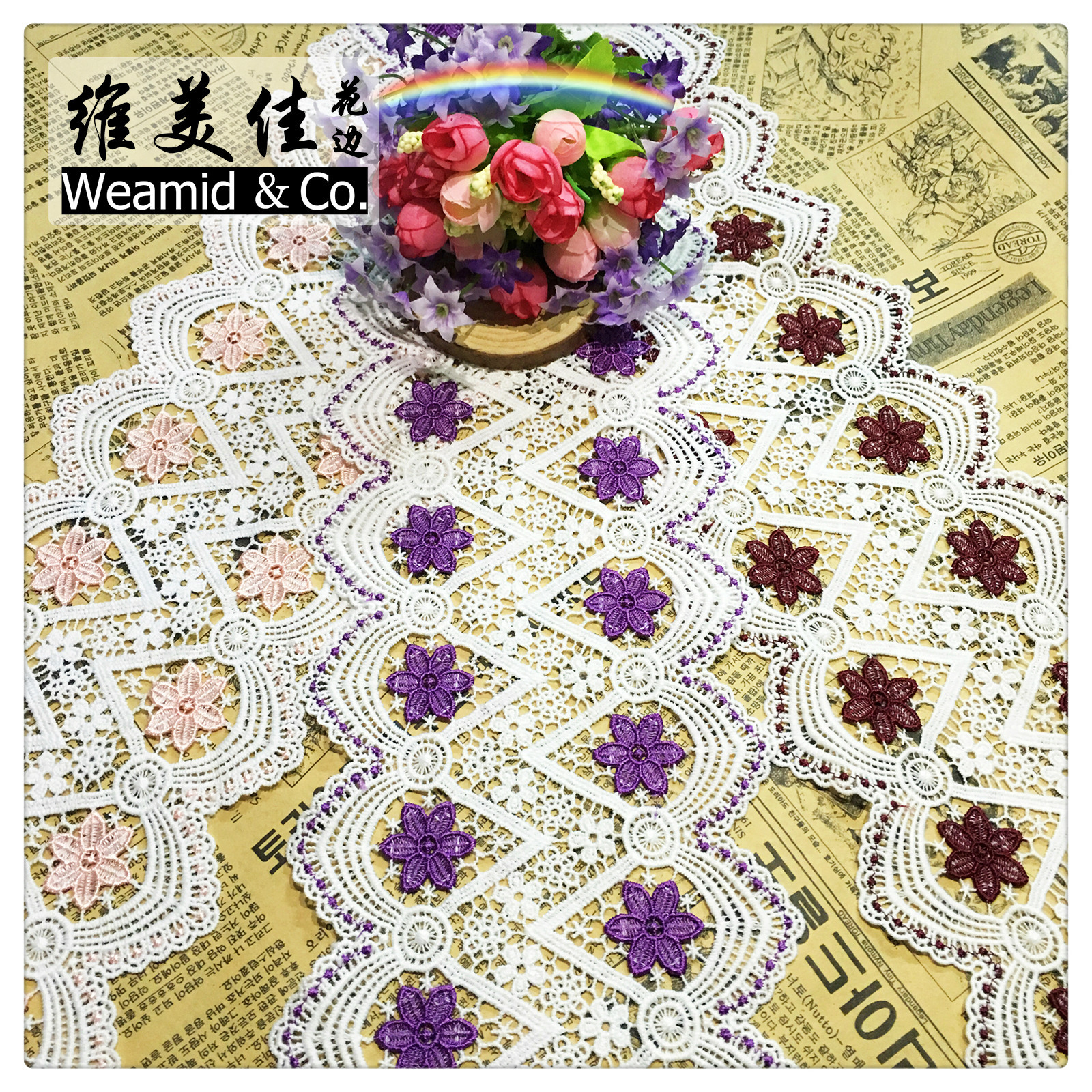 厂家直销 彩色涤光镂空刺绣花边 15cm双色牛奶丝水溶蕾丝花边DIY