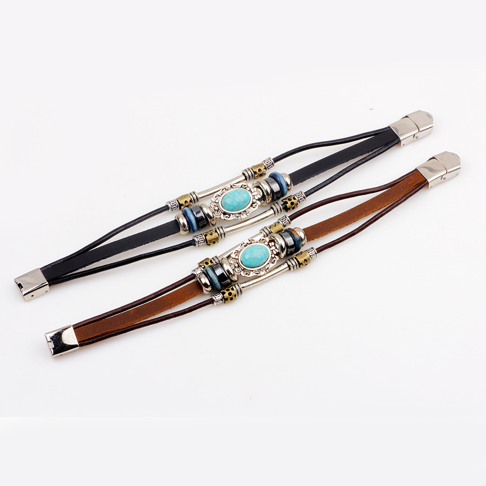 2 Stück echtes Leder, modisches DIY-Palast-Rindsleder-Armband, schwarze Gallenstein-Holzperle, antiker Stil_voghion.com