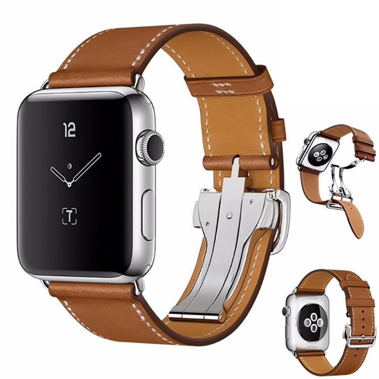 适用于苹果手表Apple watch折叠扣真皮表带头层牛皮单圈表带外贸