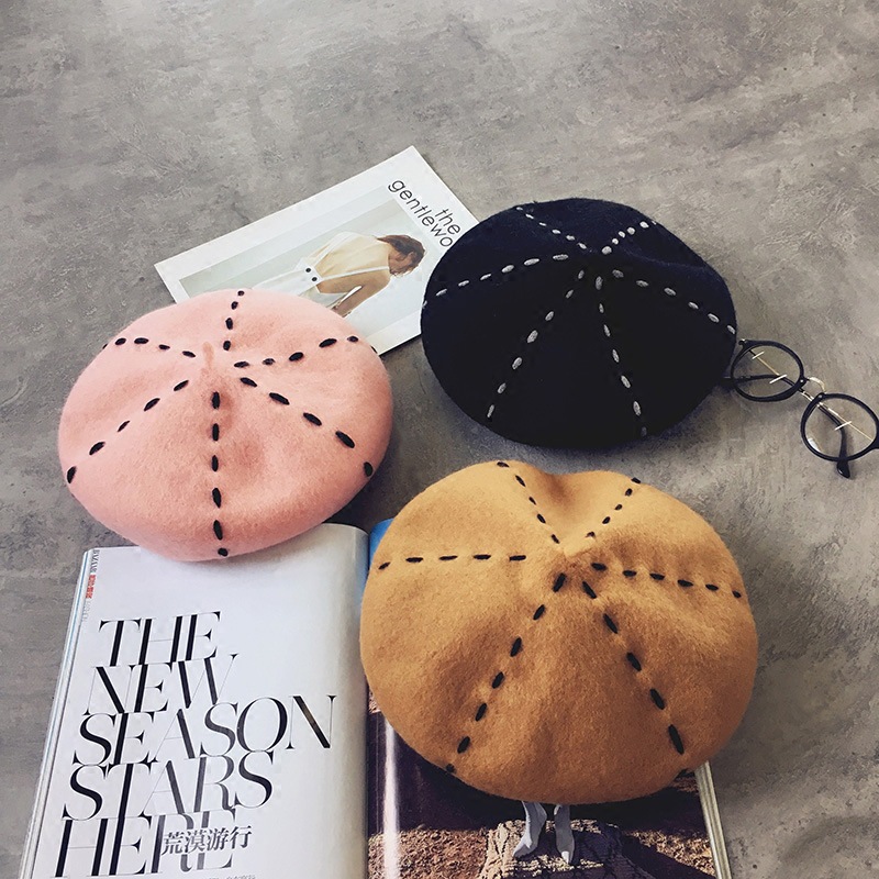 贝雷帽女秋冬韩版日系百搭撞色立体缝线冬季文艺针织帽子英伦风潮