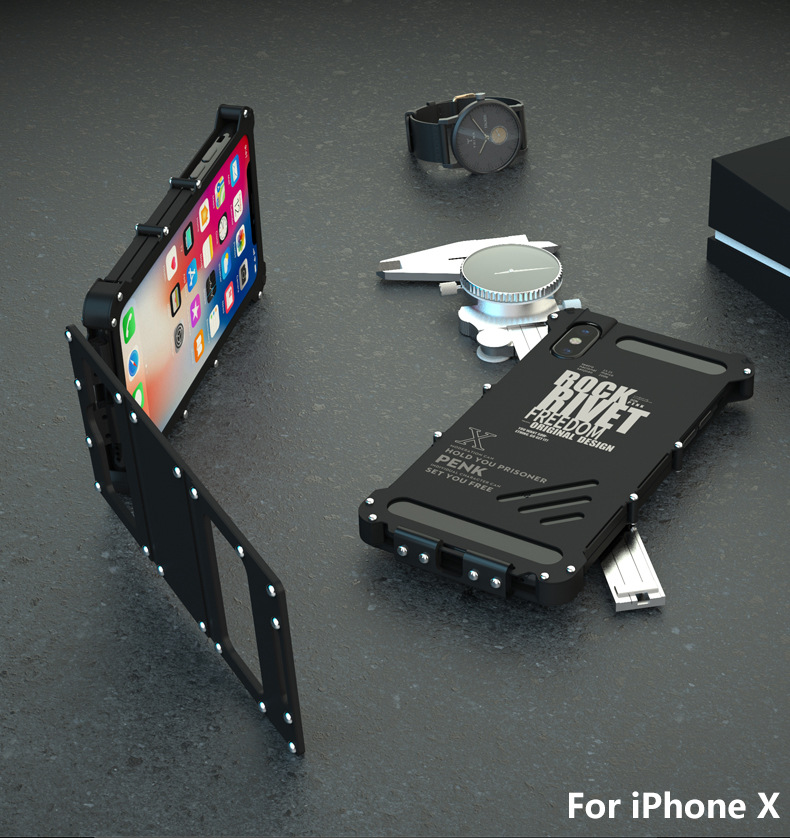 Armor King Iron Man Stainless Steel Dual Window Rivet Leather 360° Flip Case Cover for Apple iPhone X