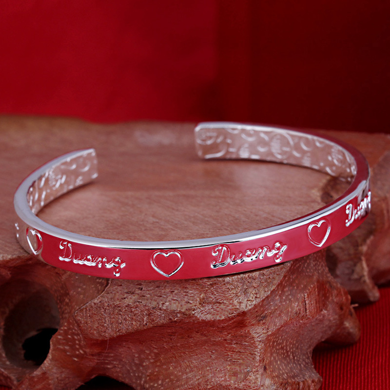 En forma de corazón letras inglesas plata pura sólida S990 plata abierta pulsera de plata Pulsera de moda simple pulsera de plata esterlina de las mujeres