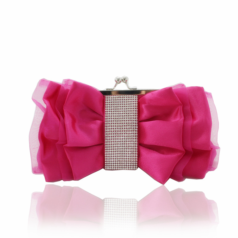Túi clutch dạ tiệc satin nơ xếp ly đính kim cương – kèm dây đeo chéo — Màu đỏ, Màu đen, Màu Sâm panh, Màu bạc