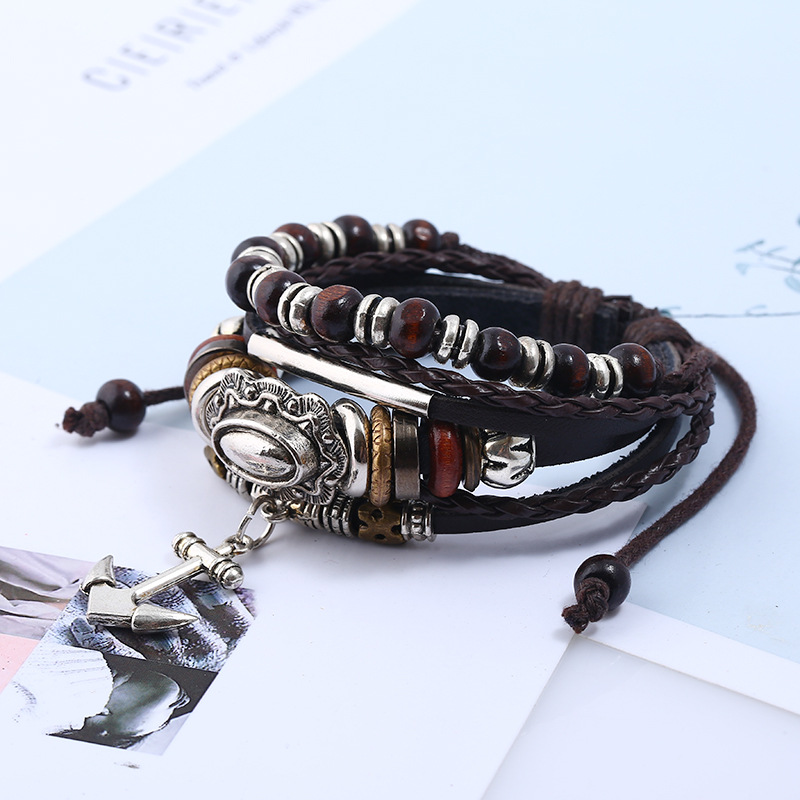 Alloy hand beaded leather bracelet