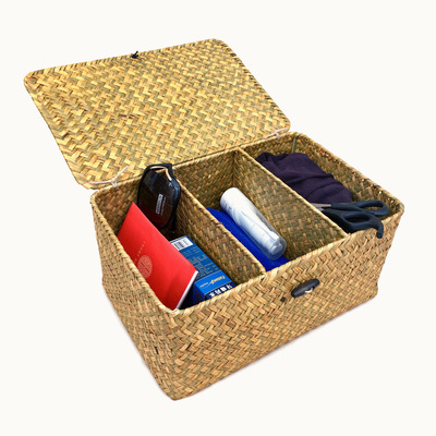 古拾尚手工编织草编桌面收纳盒 三格带盖收纳篮 化妆品饰品收纳筐|ms