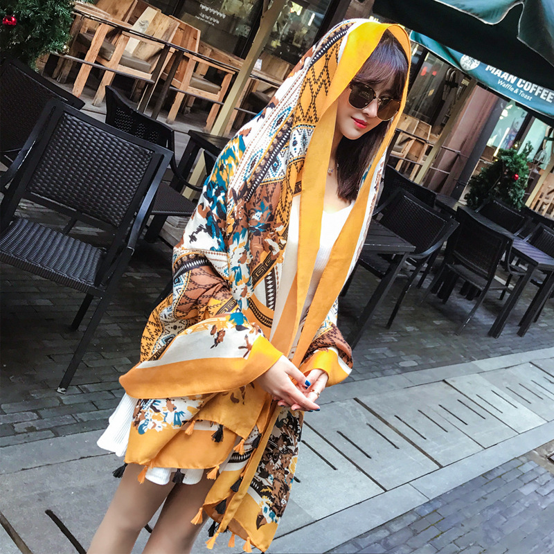 2017春夏新款名族風百變圍巾棉質印花圖案流蘇防曬女士披肩絲巾