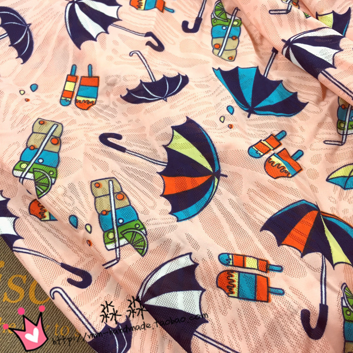 纺织弹力布料 嫩粉色柔软卡通印花网眼布透薄网纱 童装公主裙面料