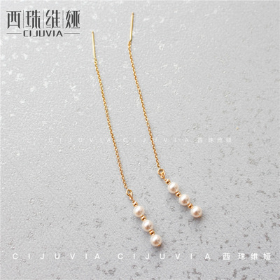 绮湘雨 手工定制 美国14K包金珠一排施家珍珠耳线