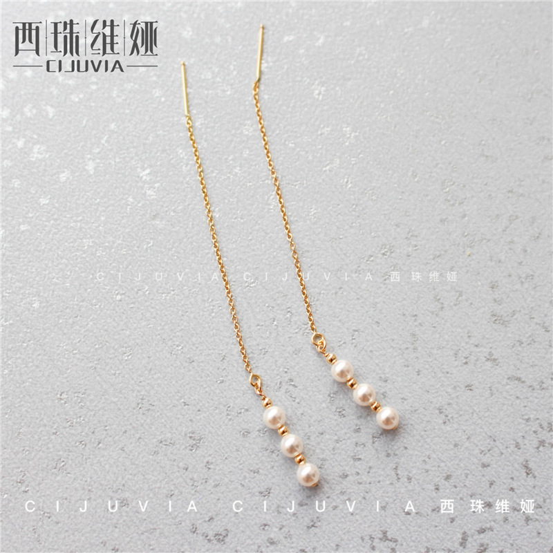 绮湘雨 手工定制 美国14K包金珠一排施家珍珠耳线