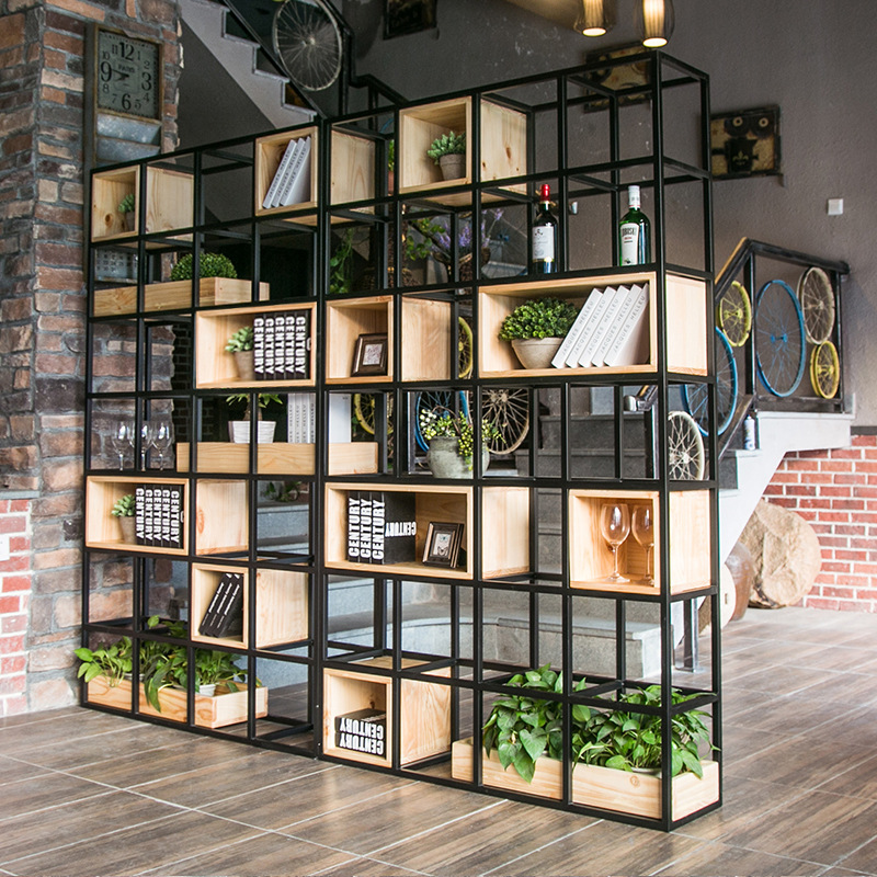 北欧铁艺美式实木铁艺隔断复古书架玄关置物架展示架LOFT储物柜