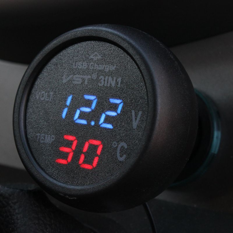 汽车温度计 车载电压表 手机充电USB 温度电压双显示充电