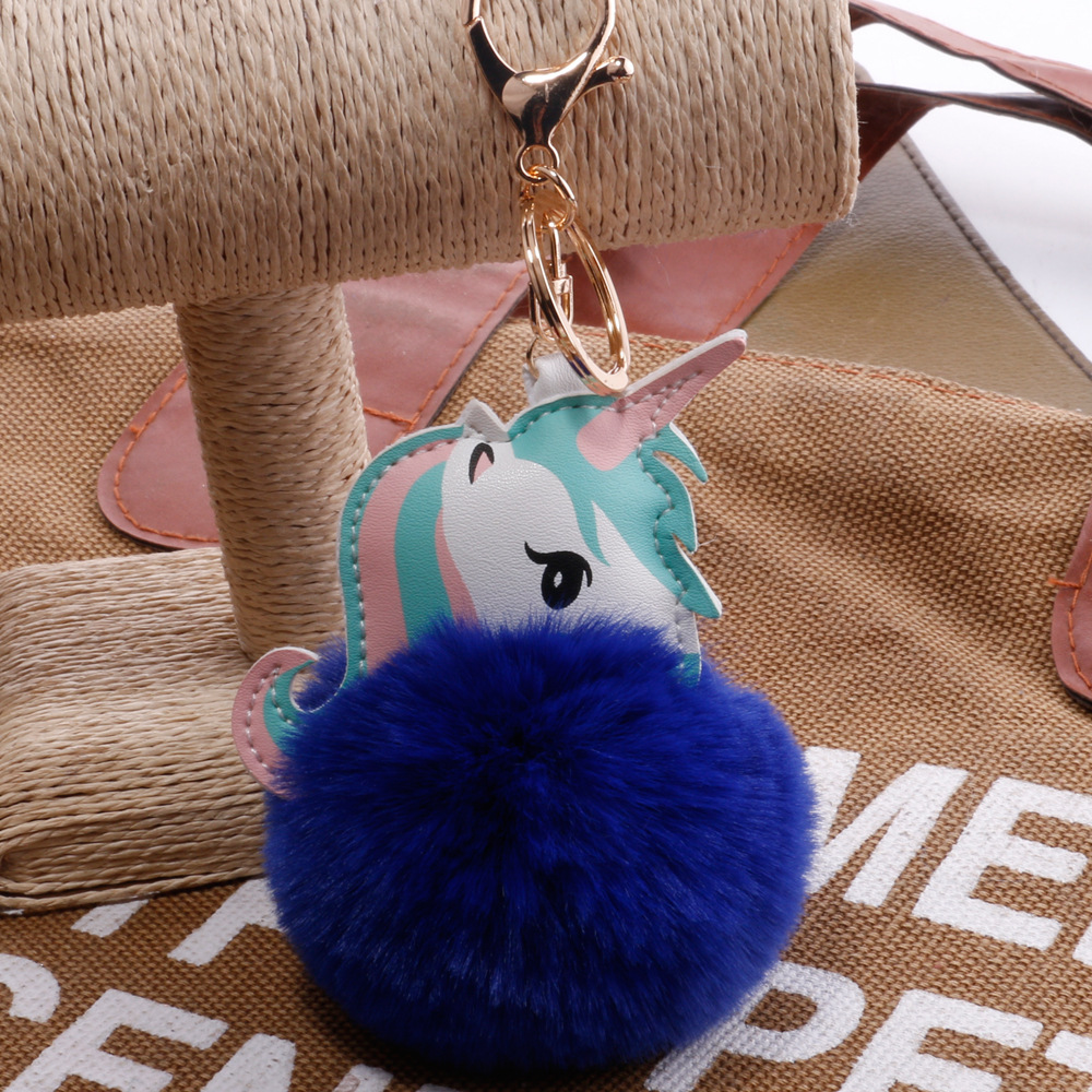 Unicorn Imitation Rex Rabbit Hair Ball Keychain Cartoon PU Pony Bag Plush Pendant Car Keychain Girlspicture5