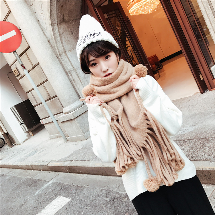 长款球球围巾女春秋冬季针织围脖保暖时尚加厚毛线披肩两用百搭